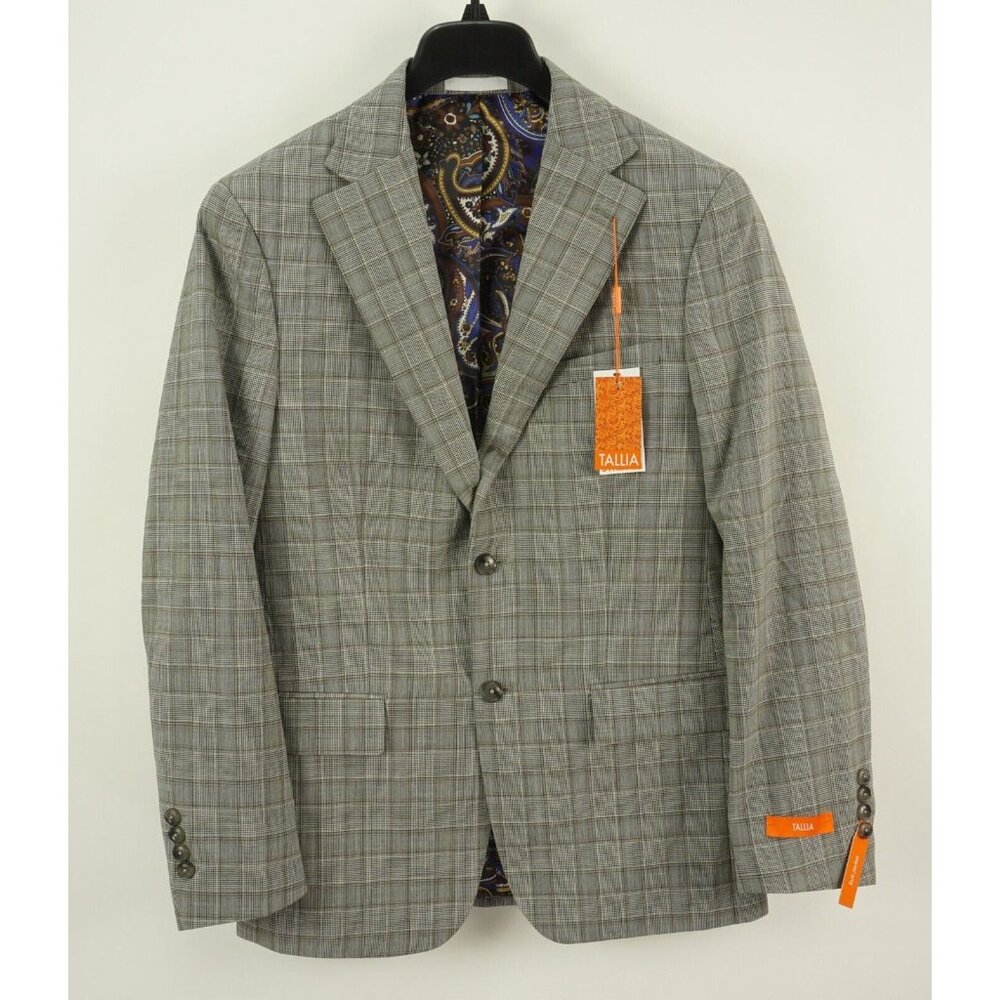 New $425 Tallia Verdello Men's 38R Cream Gray Brown Woven Wool Plaid Suit Jacket